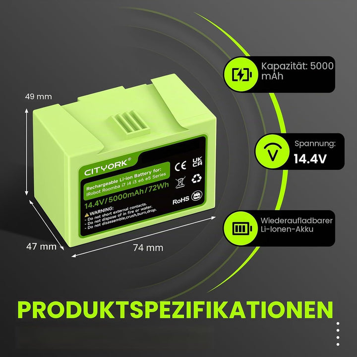 CITYORK 14,4V 5000mAh Lithium-Ionen Batterie für iRobot Roomba j7 und i7 Serie J7/J7+ i7/i7+ 7550,J7