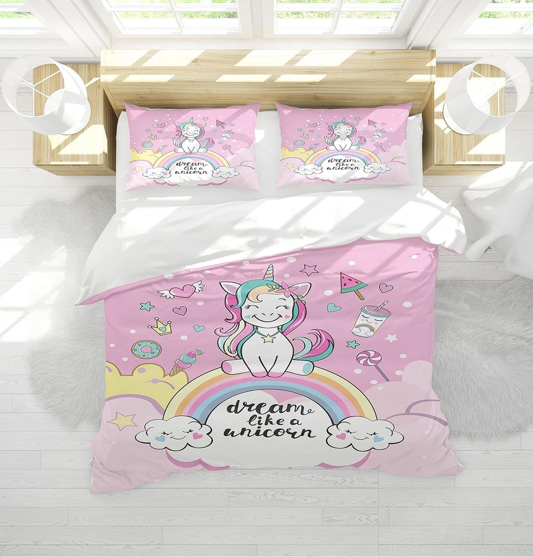 AVJWWD Einhorn Bettwäsche Set Kinder Mikrofaser Bettwäsche Cartoon Einhorn 3D Gedruckt Bettbezug 3 T
