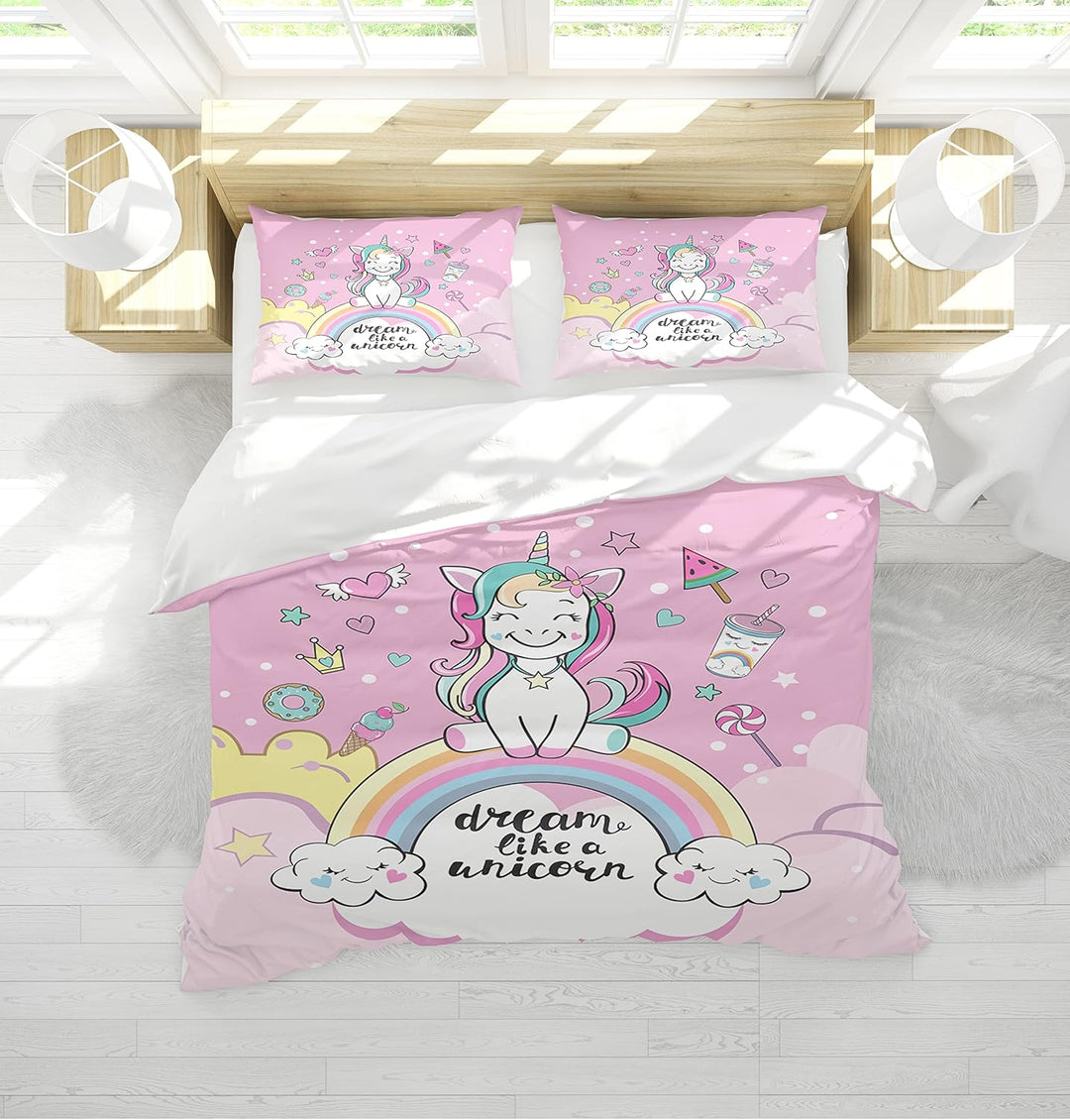 AVJWWD Einhorn Bettwäsche Set Kinder Mikrofaser Bettwäsche Cartoon Einhorn 3D Gedruckt Bettbezug 3 T