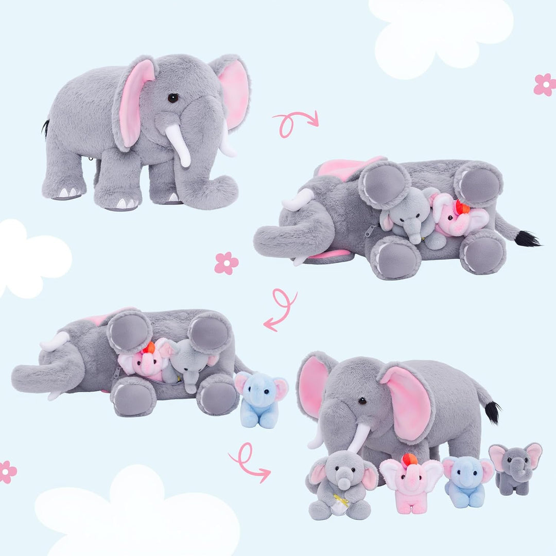 OUOZZZ 5er Set Elefant Kuscheltier Plueschtier Mama mit 4 Babys im Bauch | Interactive Plueschtier-M