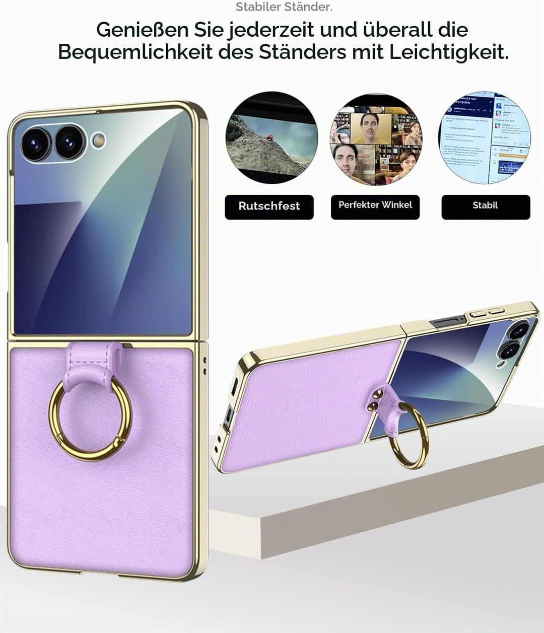 Miimall Lederhülle Kompatibel mit Samsung Galaxy Z Flip 7 Hülle mit Band+Ring Ständer [HD Displaysch