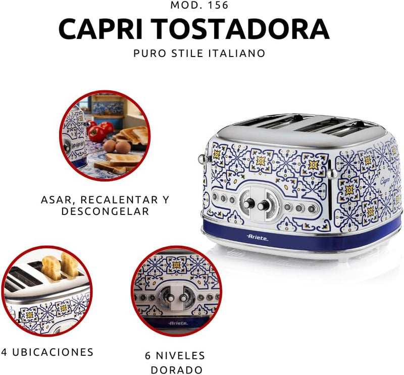 Ariete 156 Capri-Toaster, 1630 W, 4 Scheiben, 6 Bräunungsstufen, Krümelschublade, Defrost-Funktion,