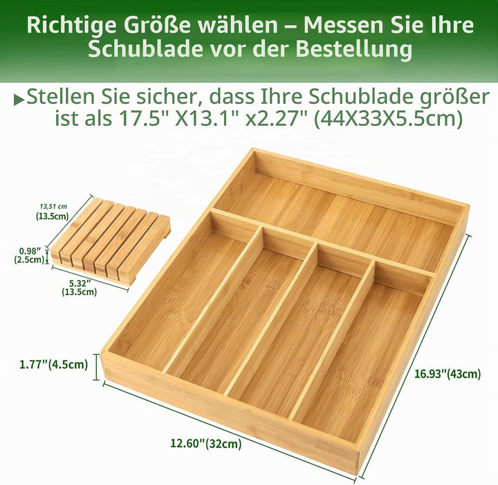 VaeFae Bambus-Besteck-Organizer, Utensilienhalter für Schublade, Holzbesteckablage mit Trennwand für