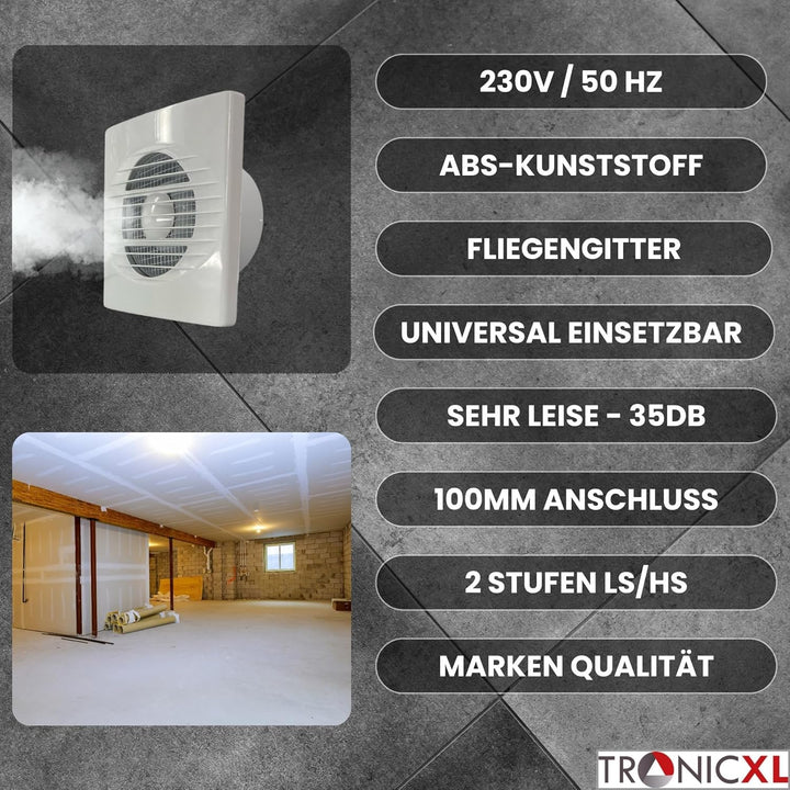 TronicXL Badlüfter 100mm Durchmesser leise 15W Abluft Zuluft Bad Lüfter mit Fliegengitter Ventilator
