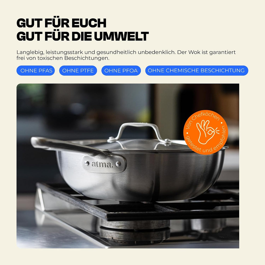 Atma - Wok Edelstahl 24 cm - 3-lagig - mit Deckel - PFAS- &amp; PTFE-frei | Genieteter Griff - Edelstahl