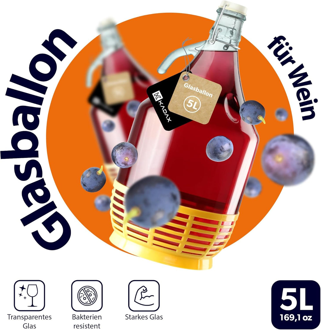 KADAX Weinballon 5L, Glasballon für Wein, schmale Öffnung, Gärballon, Gallone, Gärbehälter, Flasche,