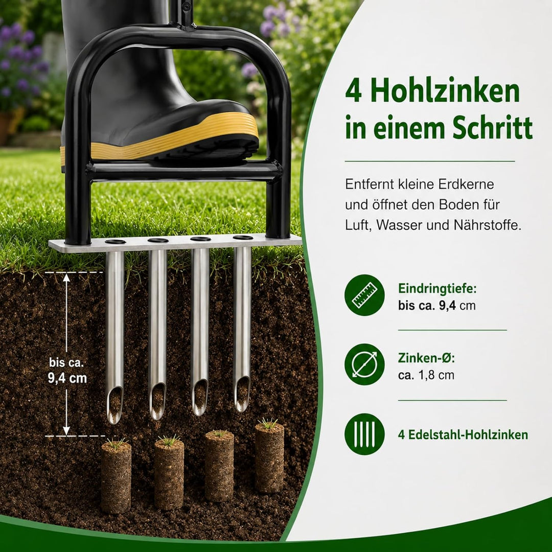 Manueller Rasenbelüfter aus Edelstahl – Rasenkern mit 4 Zinken, Rasenbelüfter für Garten, Sportplatz