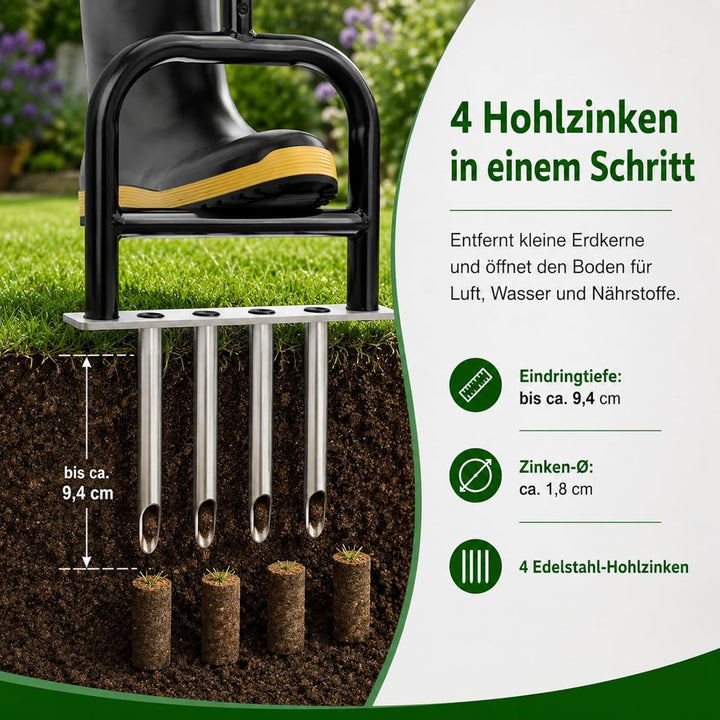 Manueller Rasenbelüfter aus Edelstahl – Rasenkern mit 4 Zinken, Rasenbelüfter für Garten, Sportplatz