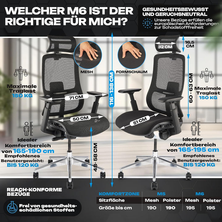 VALKENSTOL M6 Bürostuhl Ergonomisch - Auch für Grosse Menschen, Mesh-Sitz Ergonomischer Bürostuhl Ch