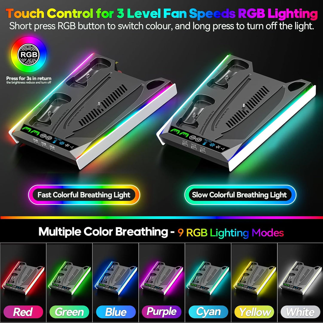 PS5 Ständer für PS5 Slim Disc/PS5 Disc & Digital, 3-stufige Kühlstation und RGB LED mit Controller L