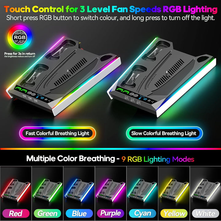PS5 Ständer für PS5 Slim Disc/PS5 Disc & Digital, 3-stufige Kühlstation und RGB LED mit Controller L