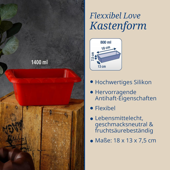 Dr. Oetker Mini-Kastenform 18 cm Flexxibel Love, Königskuchenform aus Silikon, Brotbackform für eind