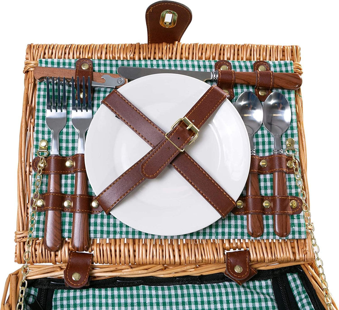 2 Handgefertigte Picknickkörbe für 2 Personen mit Kühlfach, Multifunktionsmesser, Edelstahlbesteck,