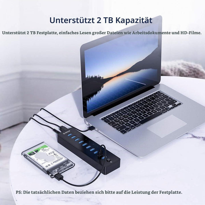 ORICO USB 3.0 Hub 10 Ports mit Netzschaltern und Netzteil 45W (12V4A), 5 Gbps Highspeed Datenhub für