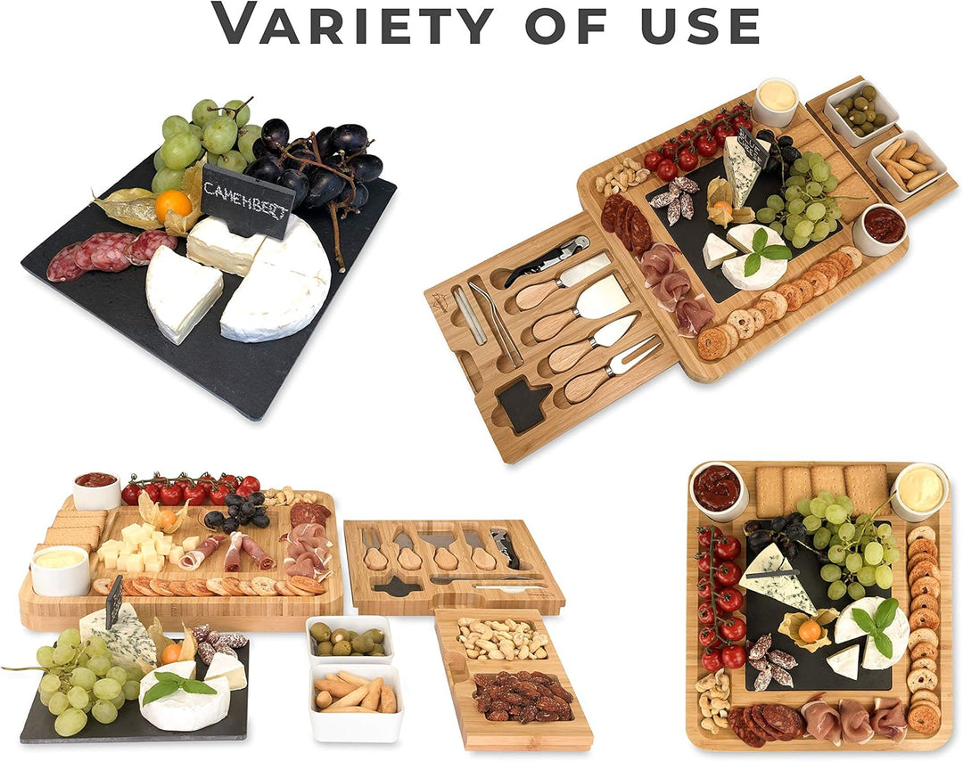 Bambus Käsebrett und Messer-Set Keramik-Schalen Weinöffner – 100% Bio-Holz Serviertablett Charcuteri