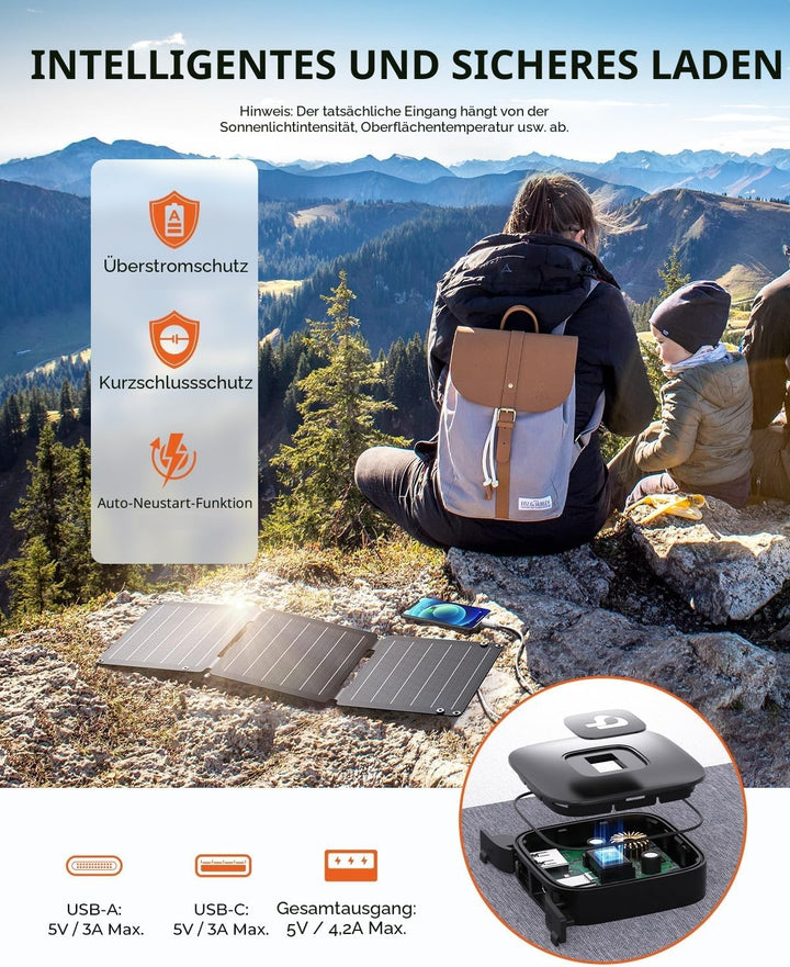 21W Tragbares Solarladegerät, BigBlue Faltbar Solarpanel (5V/4,2A Max.) mit USB-A und USB-C, IP68 Wa