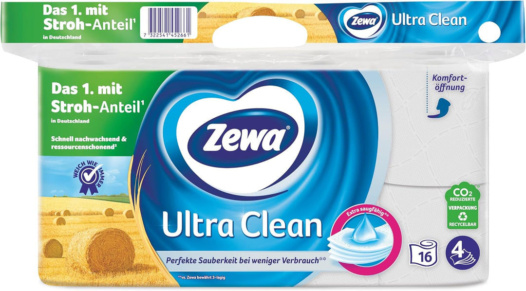 Zewa Toilettenpapier Ultra Clean 4-Lagig, Mega Pack, 3 Packungen (48 Rollen x 135 Blatt) Mehrfarbig