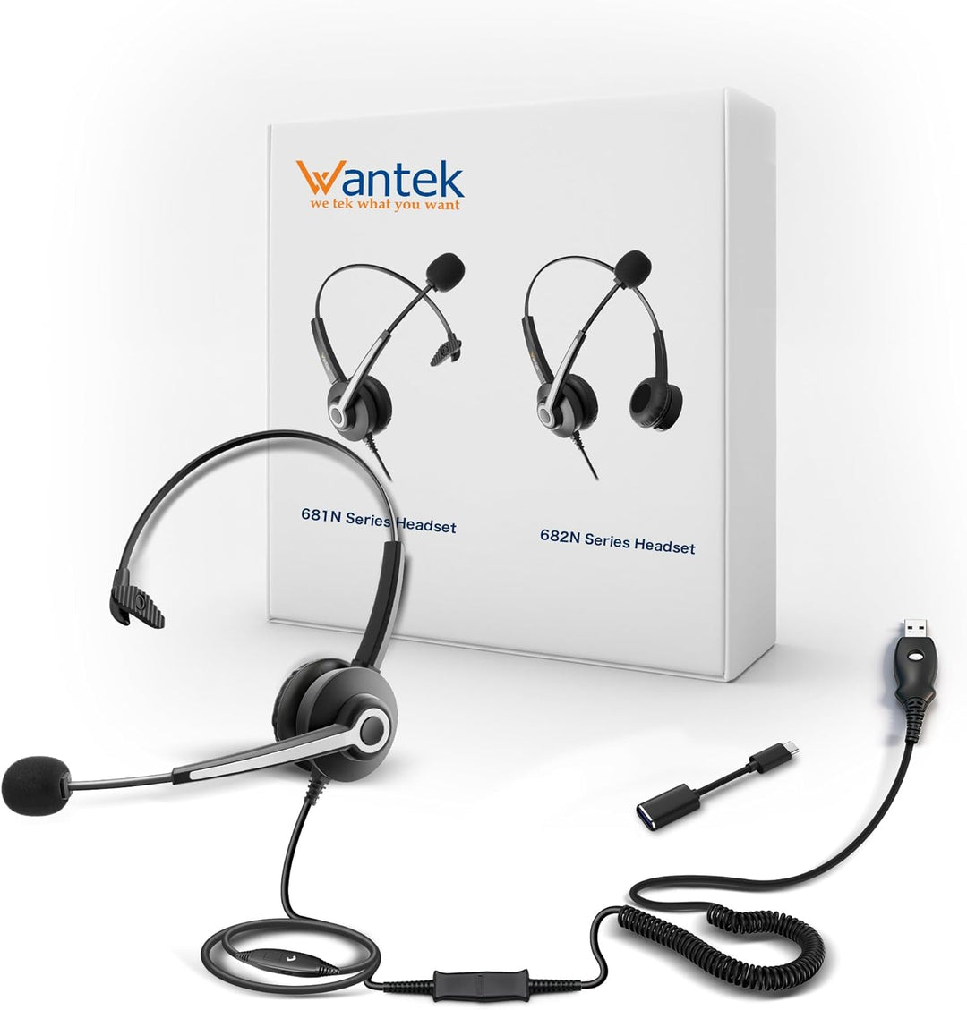 Wantek USB Headset mit Mikrofon für PC Laptop Büro, USB Stecker Typ-C Adapter Für Call Center Online