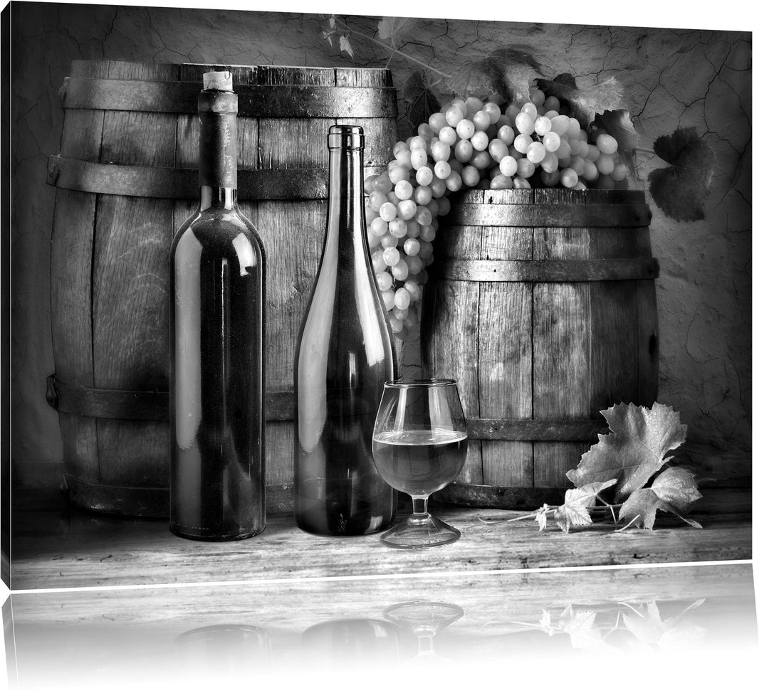 Pixxprint Monocrome, Fässer mit Weintrauben und Wein, Format: 100x70 auf Leinwand, 100x70