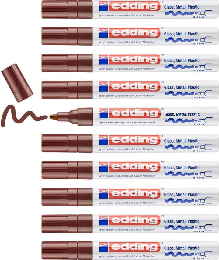 edding 750 Glanzlackmarker - braun - 10 Lackmarker - Rundspitze 2-4 mm - Lackstift für Glas, Stein,