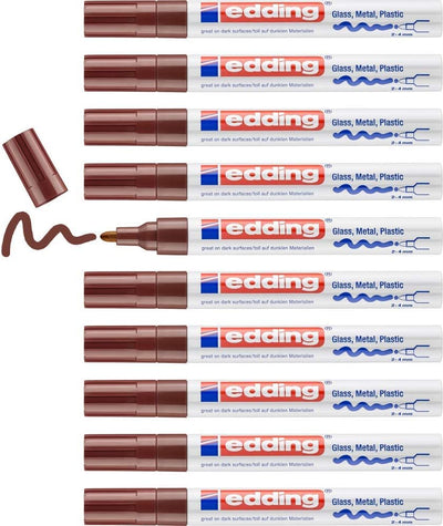 edding 750 Glanzlackmarker - braun - 10 Lackmarker - Rundspitze 2-4 mm - Lackstift für Glas, Stein,