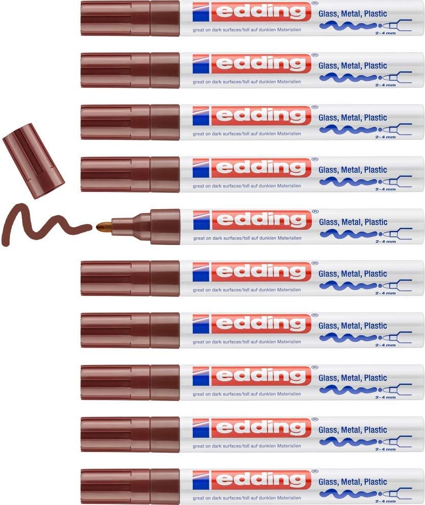 edding 750 Glanzlackmarker - braun - 10 Lackmarker - Rundspitze 2-4 mm - Lackstift für Glas, Stein,