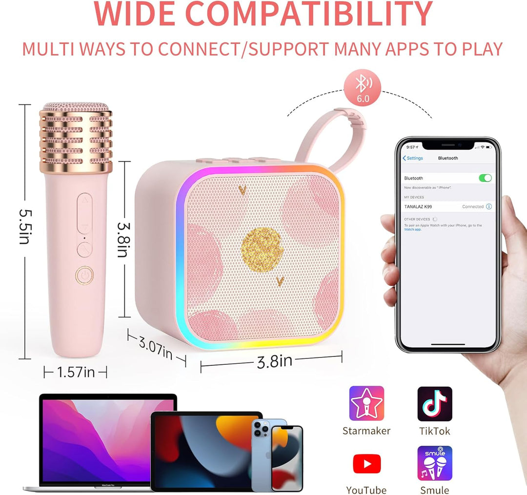 Mini Karaoke Maschine 2 Wireless Mikrofon, Tragbarer Bluetooth Karaoke Lautsprecher mit Tragegriff f