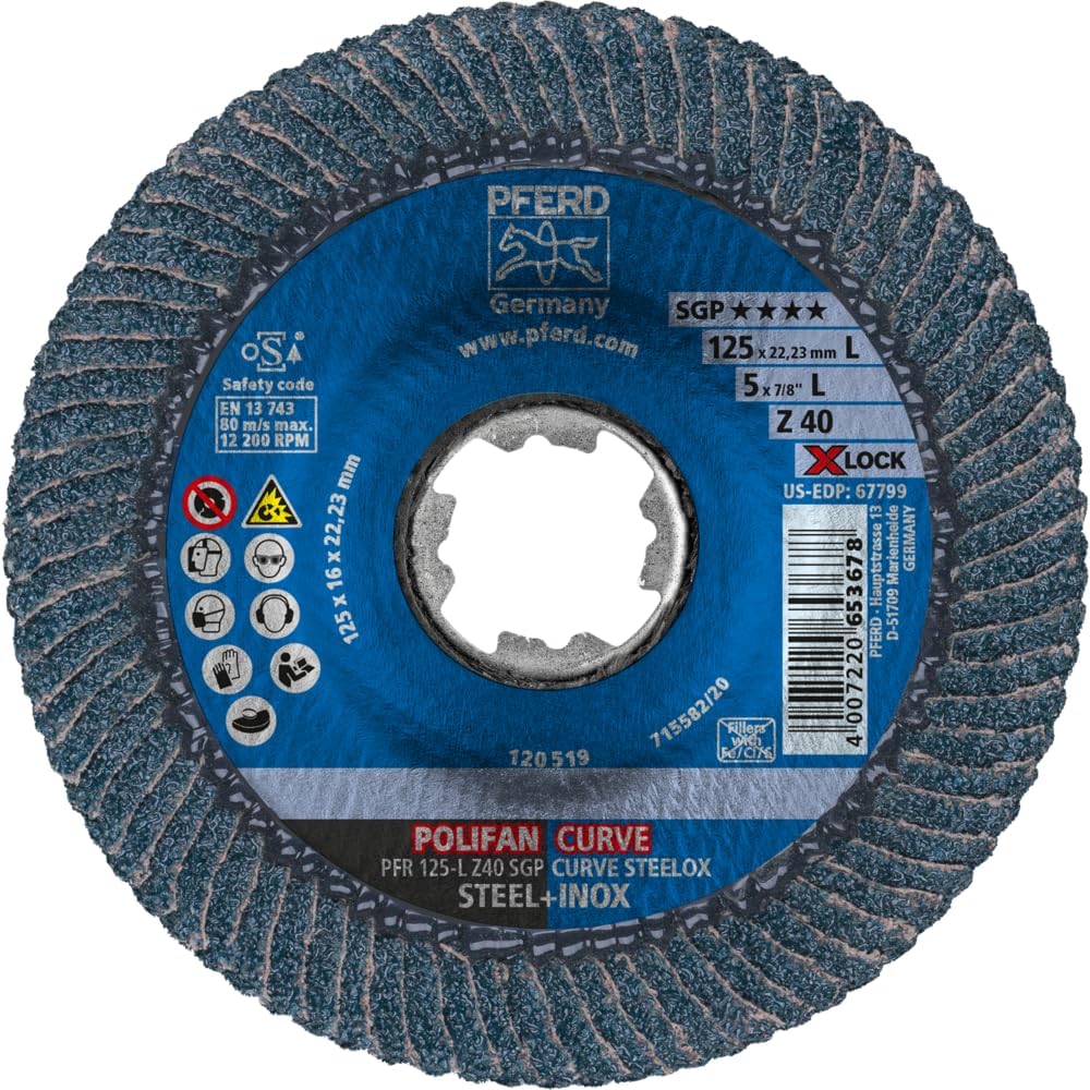 PFERD Fächerscheibe POLIFAN CURVE, 10 Stück, 125mmx14mm, Z40, X-LOCK (22,23 mm), SGP STEELOX, 676890