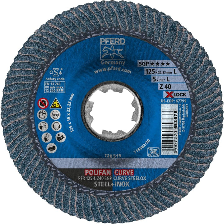 PFERD Fächerscheibe POLIFAN CURVE, 10 Stück, 125mmx14mm, Z40, X-LOCK (22,23 mm), SGP STEELOX, 676890