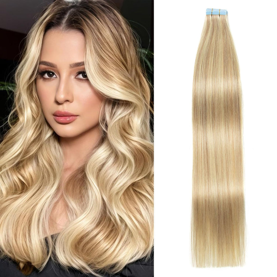 AGMITY Tape In Extensions Echthaar 20pcs 40cm 40g Aschblond mit Bleichblond Invisible Tape Extension