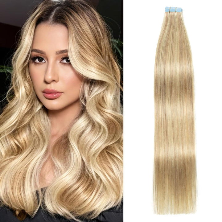 AGMITY Tape In Extensions Echthaar 20pcs 40cm 40g Aschblond mit Bleichblond Invisible Tape Extension