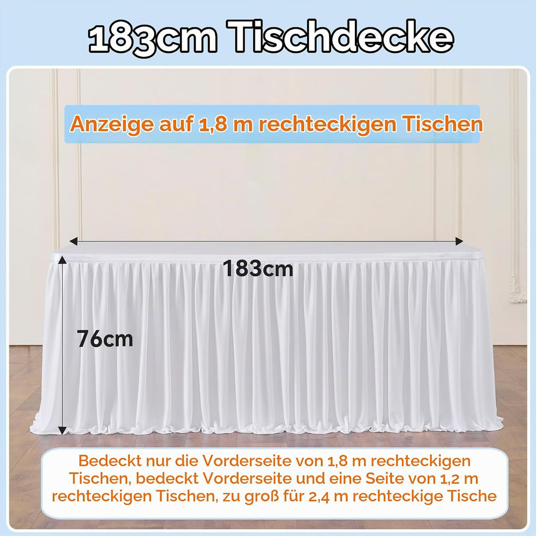 NSSONBEN 183cm White Polyester Table Skirts for Rectangle Tables, Wrinkle Free Ruffle Pleats Cloth T