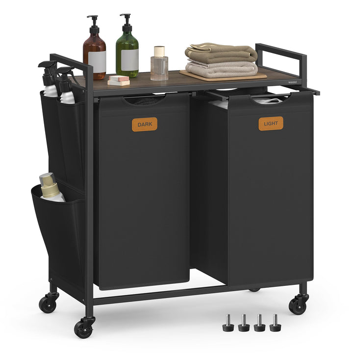 VASAGLE Wäschekorb 2 Fächer, 100 L, Wäschewagen mit Ablage, Rollen | Wäschesammler/-sortierer/-sack,