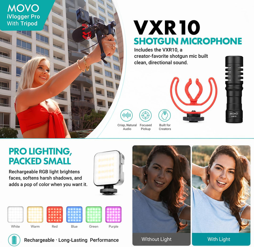 Movo iVlogger-PRO Vlogging-Kit mit Vollständigem Stativ für iPhone/Android – YouTube-Starter-Kit für