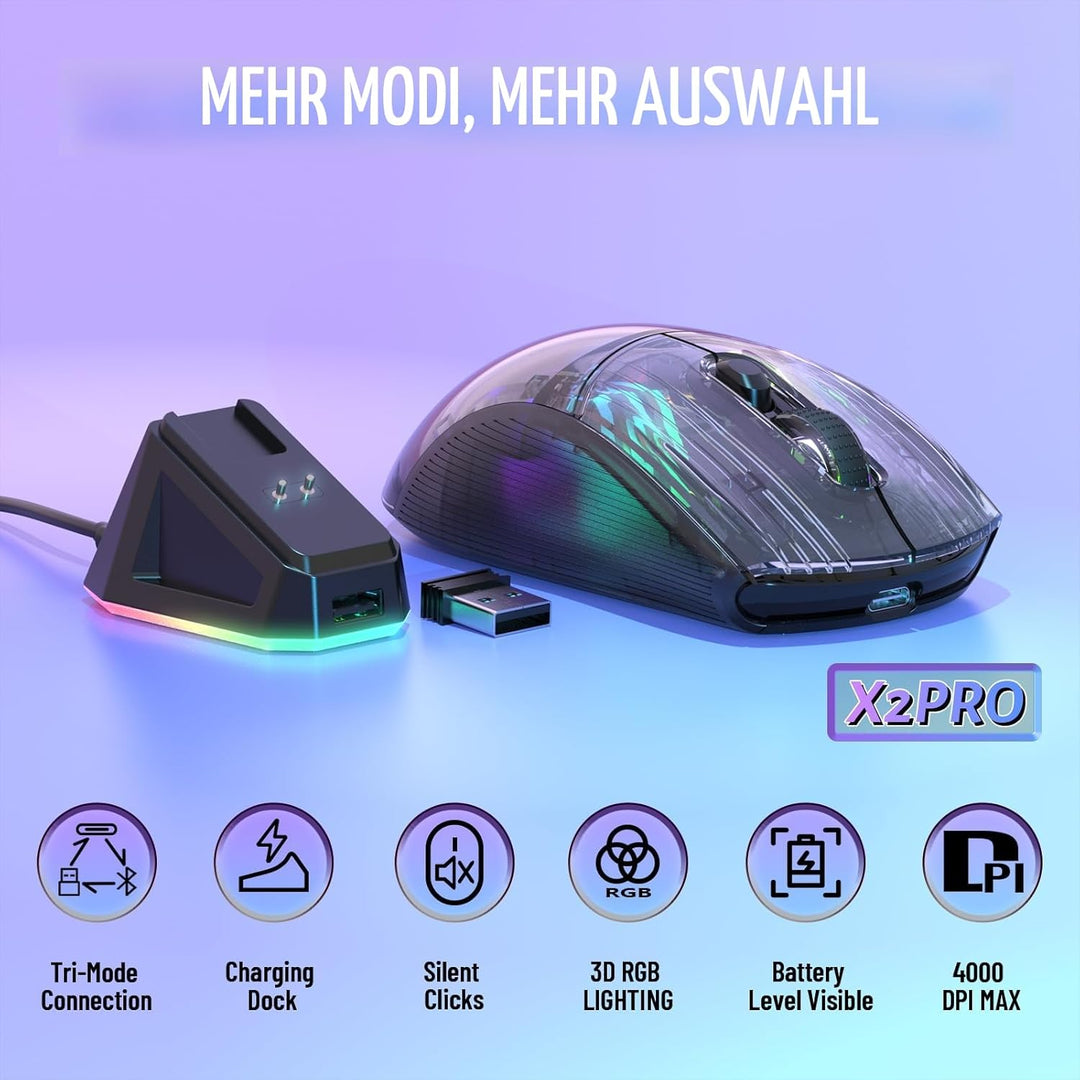 ATTACK SHARK X2 Pro Kabellose Gaming Maus mit Charging Station, Leise Maus Tri-Mode(BT5.0/2.4G Wirel