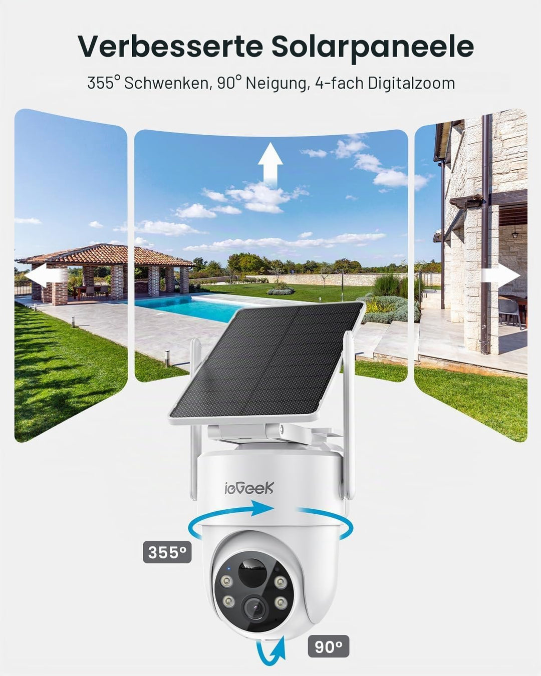 ieGeek 2K Überwachungskamera Aussen Solar: 360° PTZ Kamera Überwachung Aussen, 2.4GHz Aussenkamera W