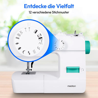 MEDION Nähmaschine SM70 (70 Watt, 12 verschiedene Stichmuster, LED-Nählicht, verstellbare Stichlänge