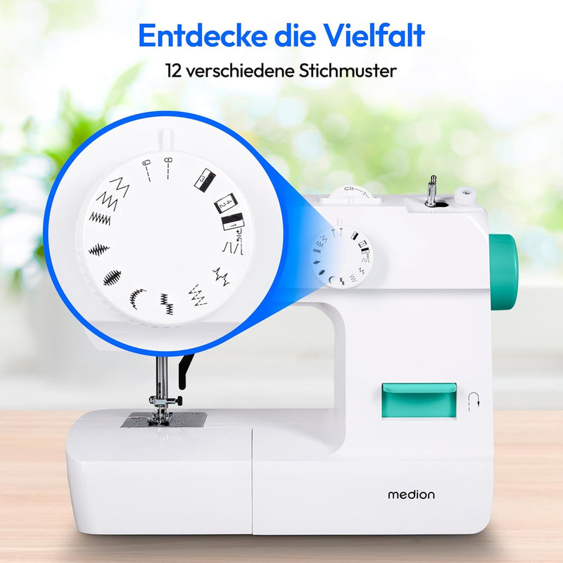 MEDION Nähmaschine SM70 (70 Watt, 12 verschiedene Stichmuster, LED-Nählicht, verstellbare Stichlänge