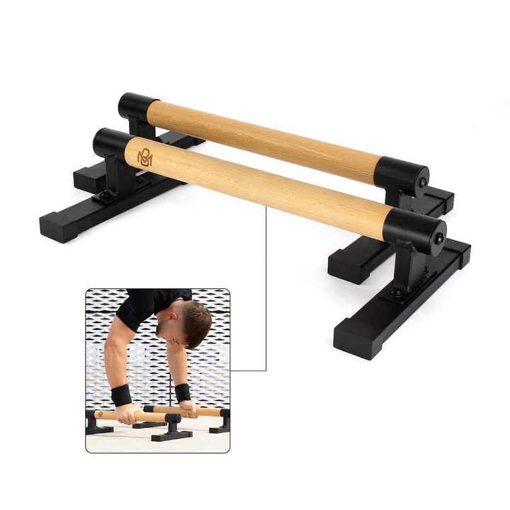 Müller & Blum Premium low Parallettes Holz inkl. Handgelenksbandagen, nachhaltige & rutschfeste Lieg