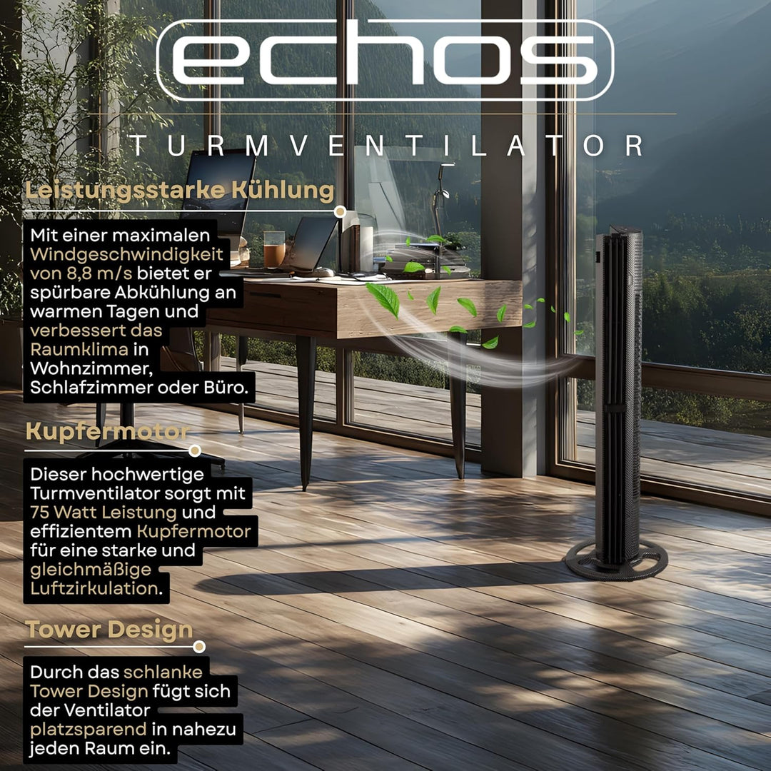 Echos® Turmventilator Leise mit Fernbedienung & Kühlung 75W – Standventilator mit 6 Geschwindigkeite