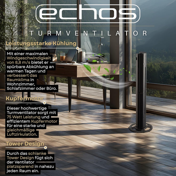 Echos® Turmventilator Leise mit Fernbedienung & Kühlung 75W – Standventilator mit 6 Geschwindigkeite