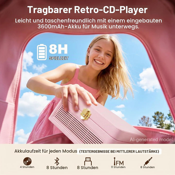 Gueray Tragbarer Bluetooth CD-Player mit Lautsprechern 3600mAh Wiederaufladbarer Vintage CD Spieler