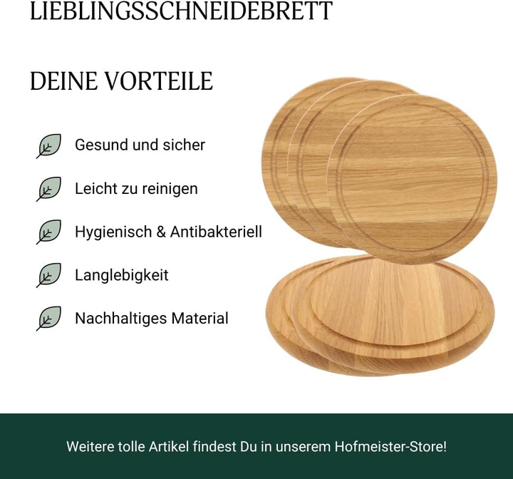 5X HOFMEISTER® Schneidebrett aus Eichen-Holz, rund 25 cm, kleines Tranchierbrett mit Saftrille, robu