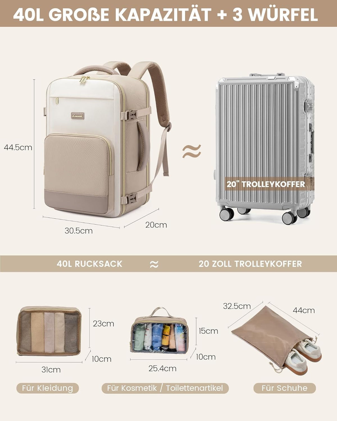 LOVEVOOK Handgepäck Rucksack, 17.3 Zoll Rucksack Handgepäck Flugzeug, Gross Reiserucksack Damen Spri