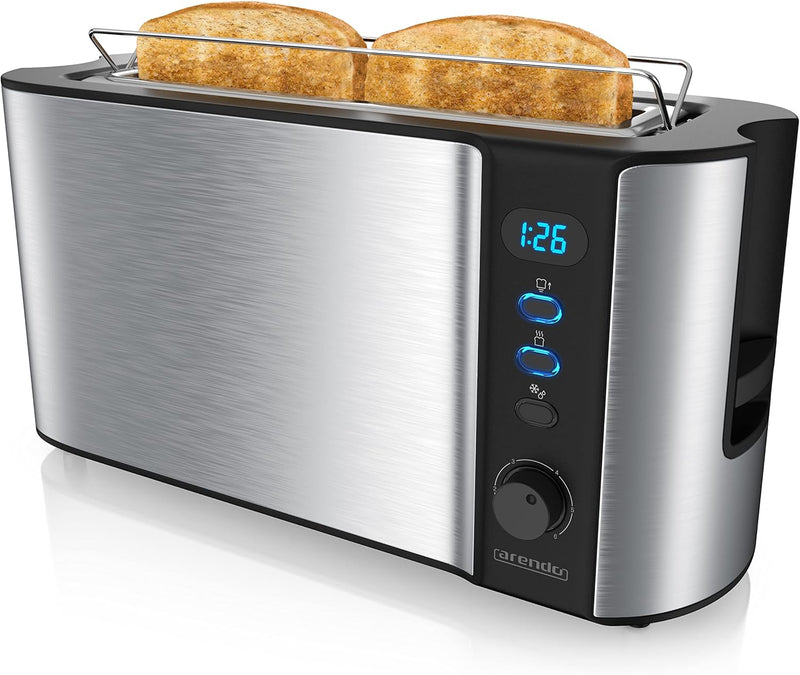 Arendo - Toaster Langschlitz Edelstahl - 2 Scheiben - Defrost Funktion - Wärmeisolierendes Doppelwan