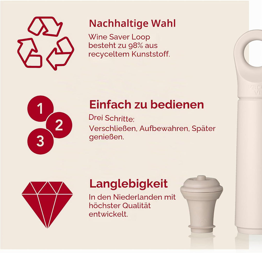 Vacu Vin Weinpumpe Loop - Vakuum Weinflaschenverschluss - 1 Pumpe 1 Stopper aus 98% Recyceltem Mater