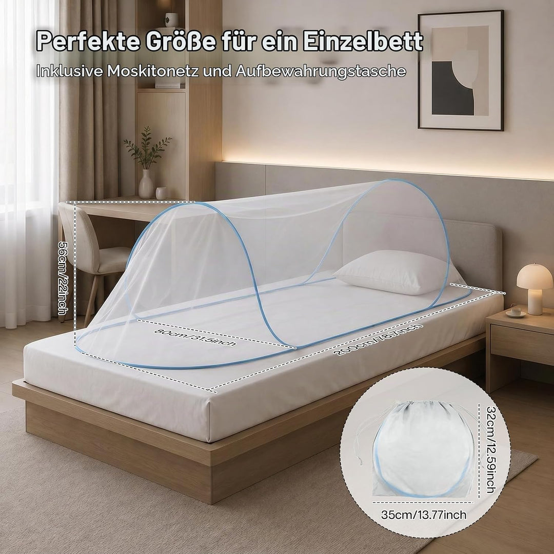 Moskitonetz Bett 200 x 80 x 56 cm, Faltbares Mückennetz für Einzelbett, Reise Camping Insektennetz (