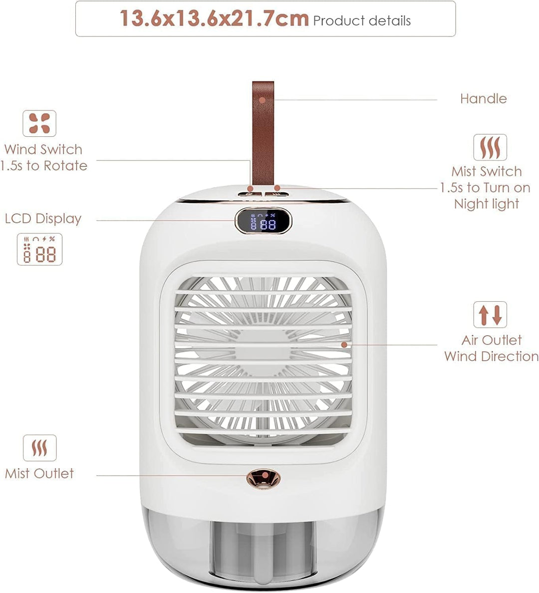 Drehbar Mobile Klimageräte, Multifunktional USB Mini Air Cooler mit 3 Geschwindigkeiten, Nachtlicht,