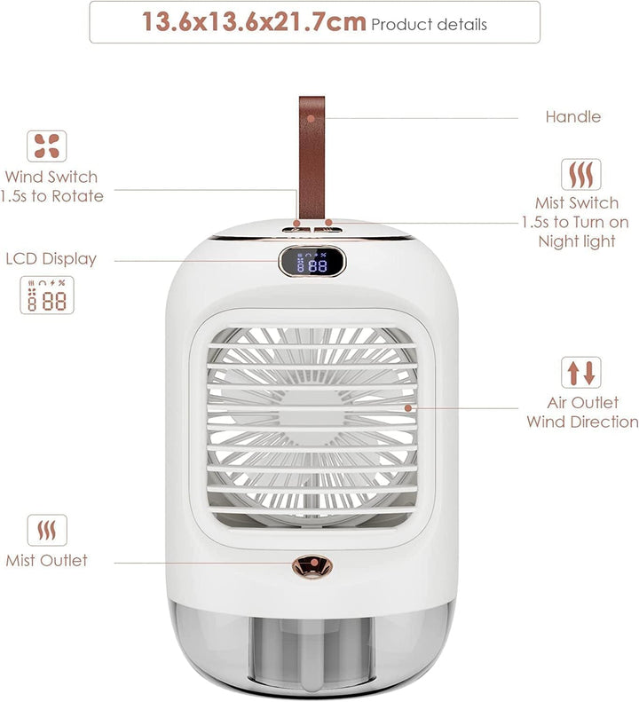 Drehbar Mobile Klimageräte, Multifunktional USB Mini Air Cooler mit 3 Geschwindigkeiten, Nachtlicht,