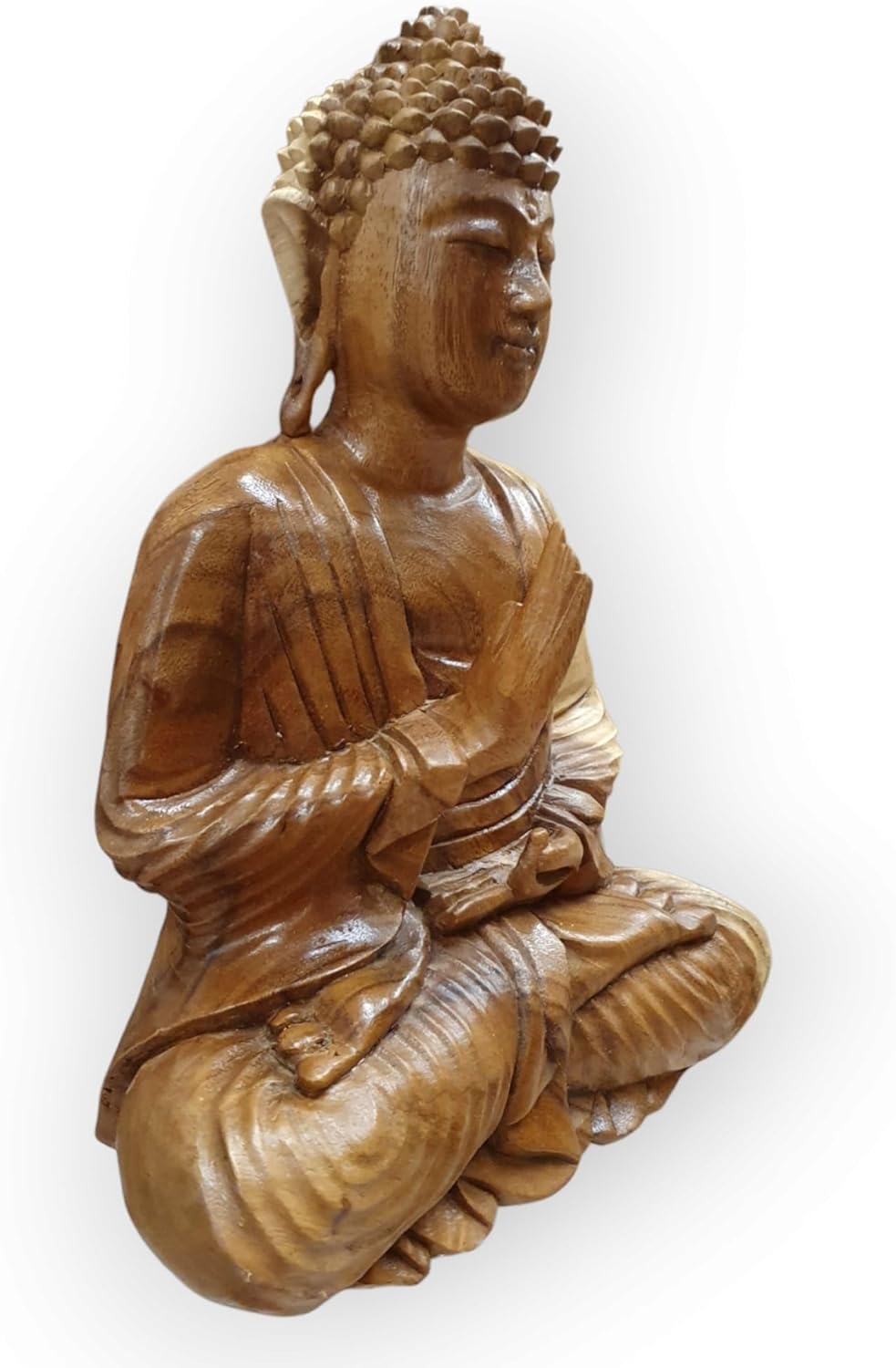 Kinaree Massivholz Buddha - Akazie Holz geschnitzter Buddha - 34cm Suar Skulptur, sitzender Buddha
